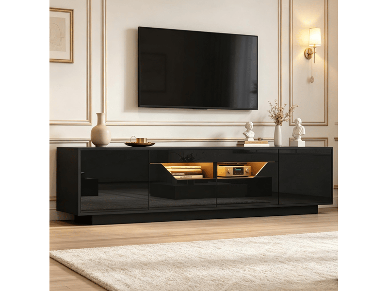  Meuble tv avec 2 portes, 2 tiroirs et niches semi-ouvertes, éclairage led, pour salon, noir, 180 × 40 × 45 cm  - Conforama B