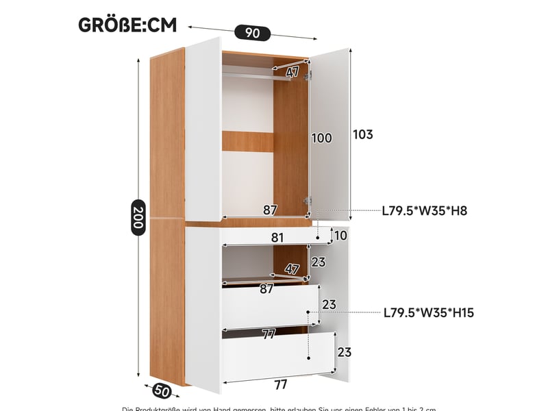  Armoire de rangement 4 portes blanche et bois clair 90 × 50 × 200 cm avec penderie et tiroir à bijoux  - Conforama C