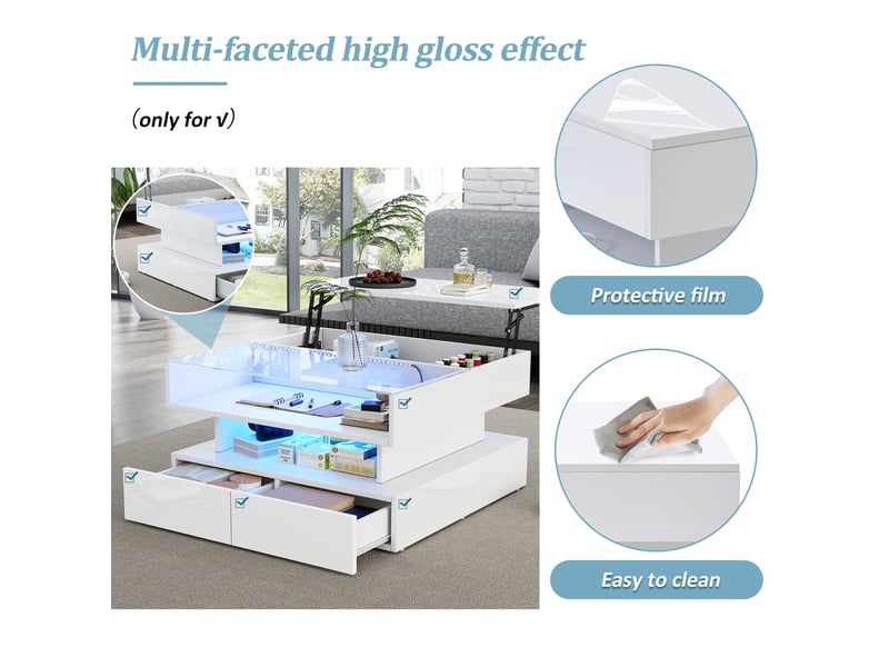  Table basse relevable avec 2 tiroirs, rangement et led pour salon 80×80×45 cm en panneaux de particules blanche  - Conforama C