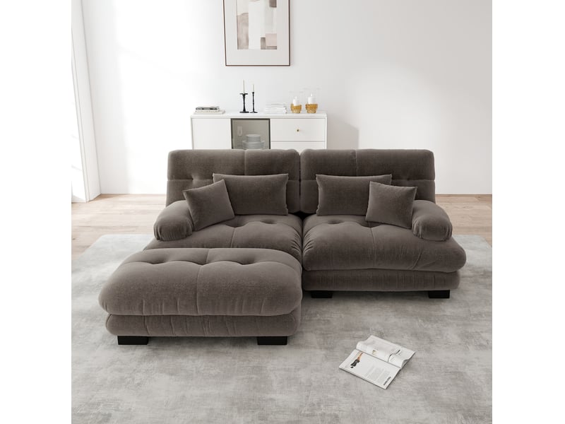  Canapé modulaire 220x145x81cm 2 places, assise confortable, meuble de salon, structure en bois, tissu chenille, marron  - Conforama D