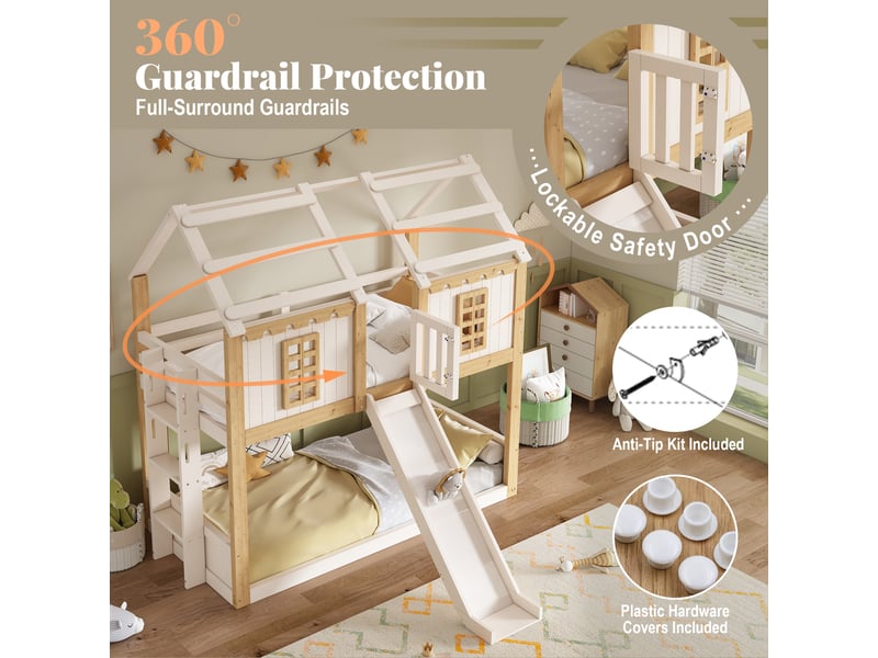  Lit superposé cabane enfant 2 places 90×200 cm et 90×200 cm, toboggan et échelle - okmyhome- sans matelas bois blanc  - Conforama E