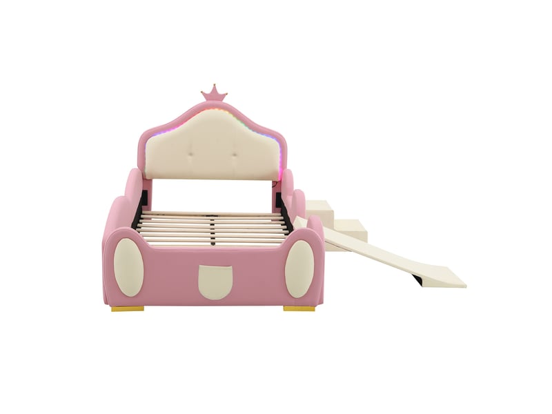  Lit enfant 90x200 cm avec toboggan, lit princesse avec escalier et ruban led multicolore, design de couronne de dessin animé, sommier à lattes, rose  - Conforama D