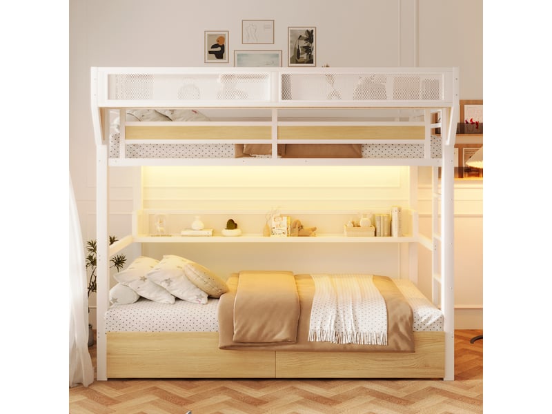  Lit mezzanine 90x200 cm, lit surélevé avec rangement, 2 tiroirs, étagère, panier, led via application, métal (sans matelas), blanc CozyNest - Conforama B