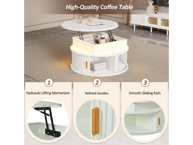  Table basse ronde blanche réglable en hauteur avec éclairage led, rangement caché et portes coulissantes, 75x75x52cm  - Conforama E