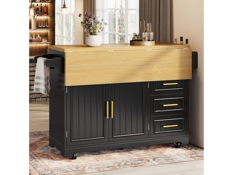  Îlot de cuisine mobile 120 x 40 x 95 cm, plateau extensible, 3 tiroirs, 2 portes et roulettes, noir, style contemporain  - Conforama D