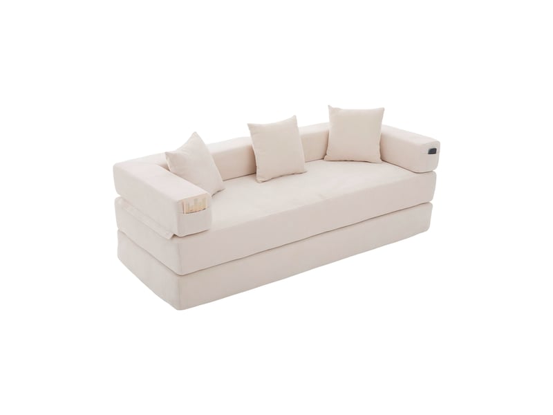  Canapé modulable 2 places 198x79x60 cm convertible en lit 198x159x41 cm, blocs combinables, poches latérales, base antidérapante, chenille beige  - Conforama A