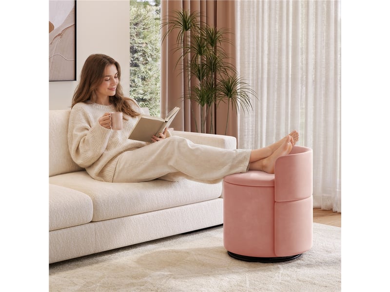  Tabouret de coiffeuse pivotant à 360° en velours rose avec coffre de 40 l et dossier ergonomique rose 594025 Pink - Conforama B