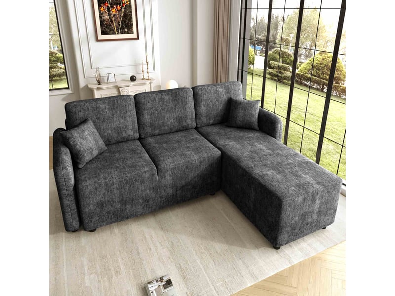  Canapé d’angle 3 places en chenille avec méridienne 187.5x144x85.5 cm, assise confortable en mousse haute densité, 2 coussins inclus - noir  - Conforama B