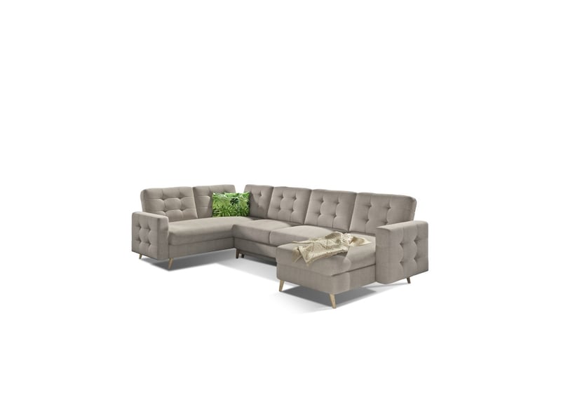  Canapé d'angle panoramique convertible hasgard u 326 cm sable avec coffre  - Conforama A