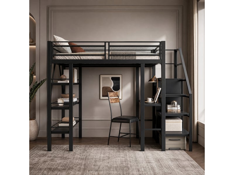  Lit mezzanine tcqpz 140 x 200 cm noir en métal avec bureau, étagères de rangement, armoire et escalier réversible  - Conforama B