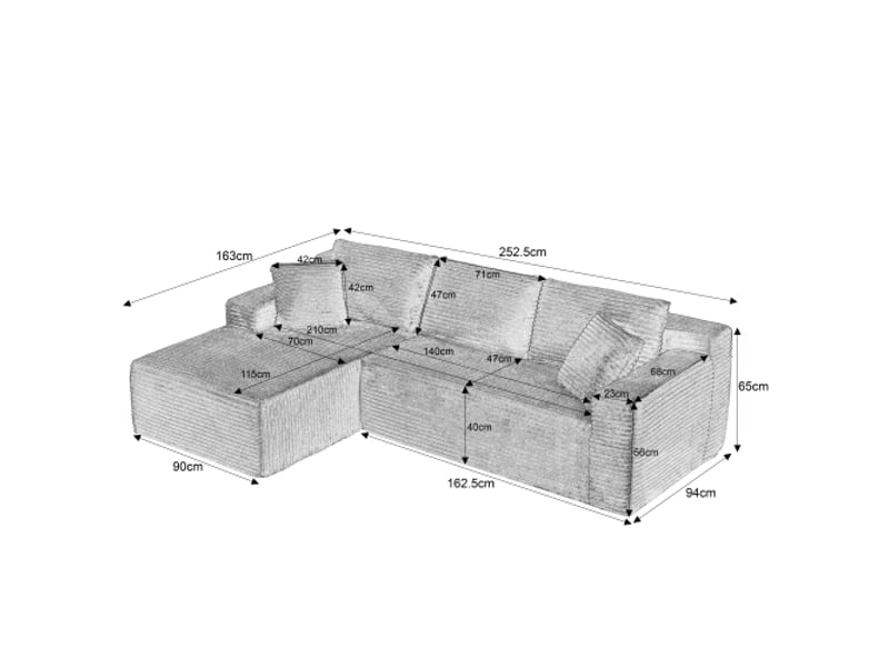  Canapé d'angle modulable, 252.5x163 cm, 4 places avec méridienne, tissu, blanc  - Conforama C