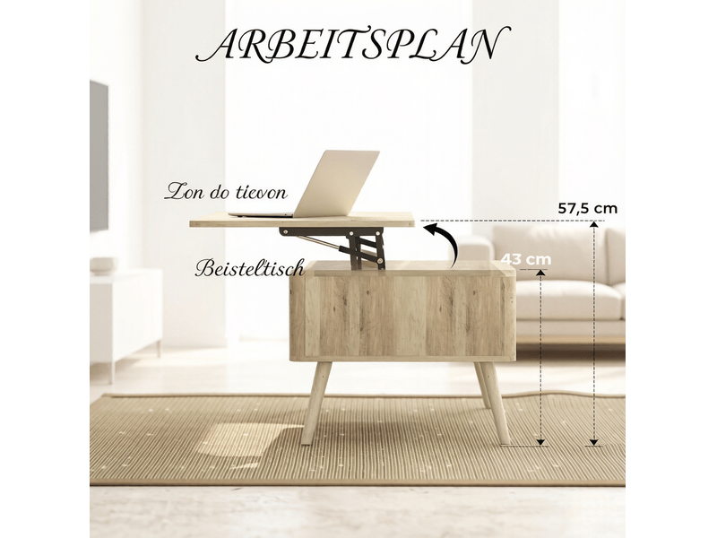  Table basse relevable avec 2 rangements cachés, plateau relevé et pieds en pin, mdf chêne pour salon 91 × 56 × 43 cm  - Conforama E