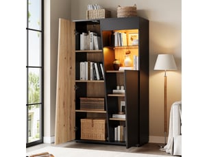 Armoire vitrine led 80x35x139,5 cm double porte, 7 tablettes verre trempé, led bluetooth, mdf noir et bois naturel