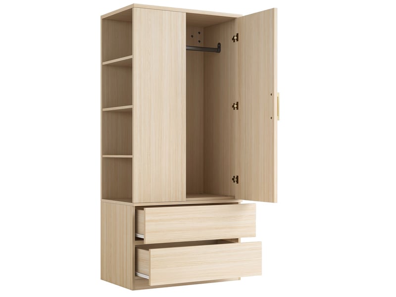  Armoire multifonction avec penderie, grand tiroir 2 niveaux, étagères ouvertes, 1 porte, 70x50x175cm, bois  - Conforama E