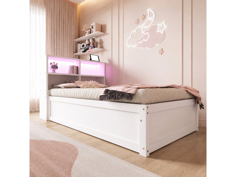  Lit simple 90 x 200 cm avec rangement hydraulique, led et prises intégré - blanc  - Conforama B