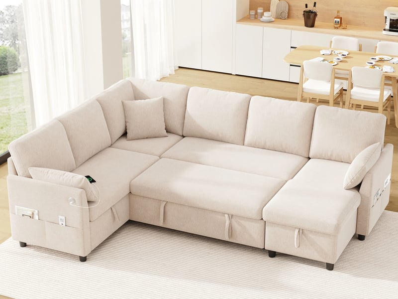 Canapé d'angle en lu convertible ,6 places, avec ports usb et type-c, poche latérale, 3 coussins,255 x 196 x 85cm,beige - Conforama B