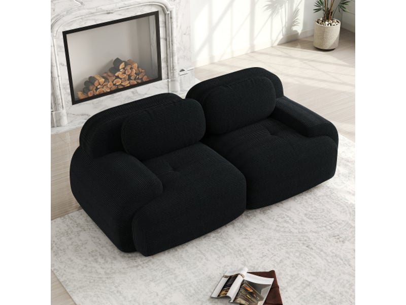  Canapé 2 places tissu velours côtelé noir, mousse 32d haute résilience, accoudoirs courbés, antidérapant, pour salon et chambre  - Conforama C