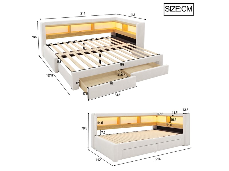  Lit gigogne enfant 90x200 cm avec lit tiroir extensible 180x200 cm, rangement, led et prise, lit banquette multifonction en velours - beige  - Conforama C