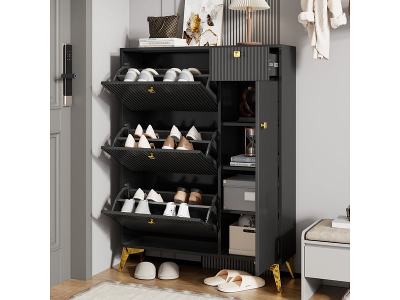  Meuble à chaussures noir 90x25x121 cm, 3 portes pliantes, 1 tiroir intégré, structure panneaux de particules et métal  - Conforama B