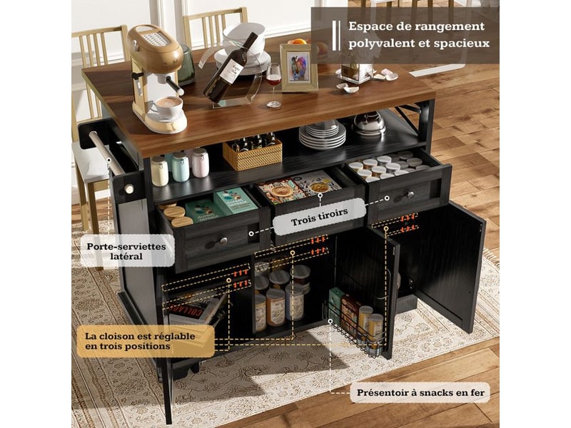 Îlot de cuisine - desserte à roulettes - moderne - noir - mdf et métal - roues et rangement - Conforama D