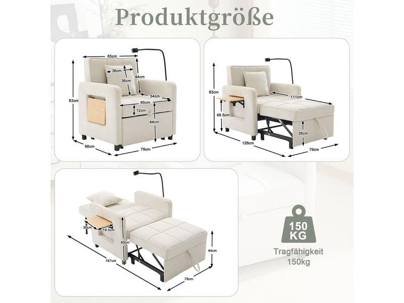  Fauteuil lit convertible 1 place 167 cm-dossier réglable 5 positions avec rangement et tablette-chenille beige  - Conforama C