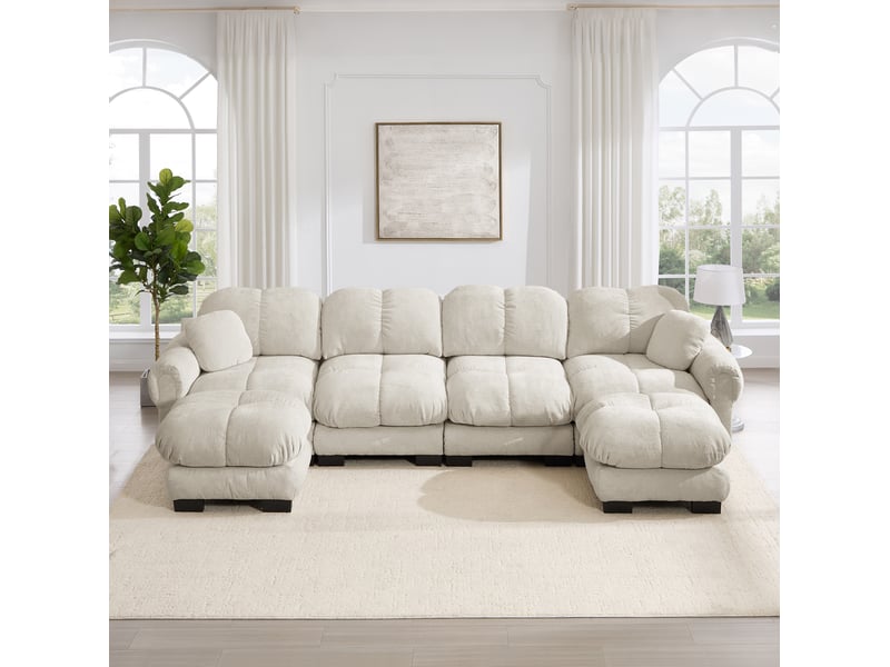  Canapé d’angle modulable en u modenvie 4 places en chenille avec 2 poufs mobiles, 330 x 149 x 90 cm, taupe clair  - Conforama B