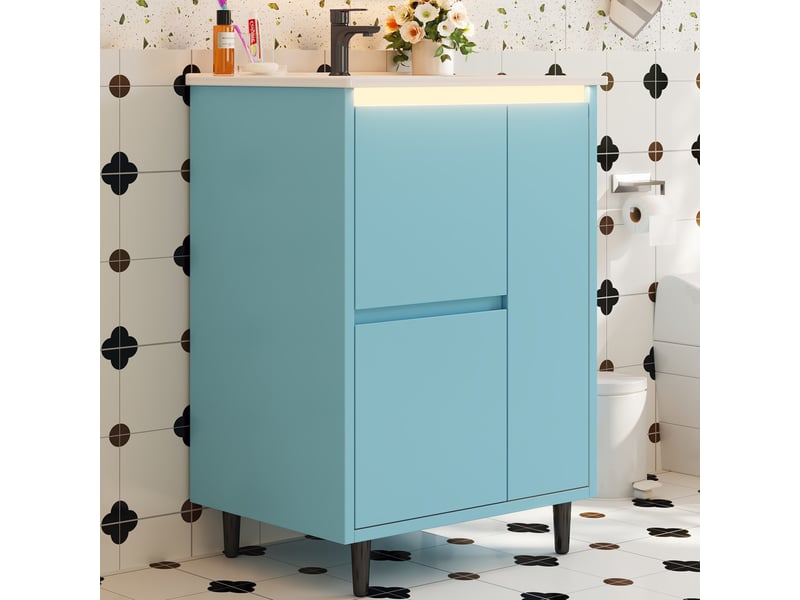  Meuble de salle de bain - 61x46,5x87 cm - meuble sous vasque avec vasque céramique, 2 tiroirs, 1 porte, led - bleu  - Conforama D