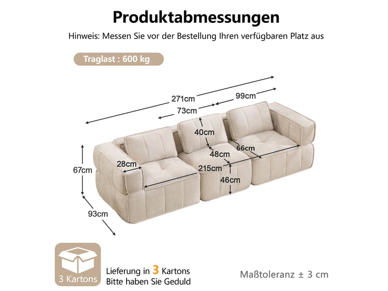 Canapé modulable 3 places 271 cm, assise profonde, mousse haute densité 32d, tissu polyester, sans montage, beige - Conforama C
