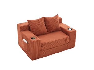 Canapé droit 2 places 151x133 cm – orange – 2 coussins, pouf à rangement latéral et porte-gobelets