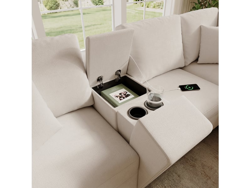  Canapé d'angle modulable 5 places en chenille beige avec console de rangement, porte-gobelets, usb et liseuse  - Conforama E