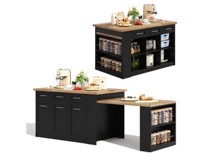Îlot central de cuisine 150x90cm - avec table extensible 96cm, plan effet bois naturel & rangements - noir & bois
