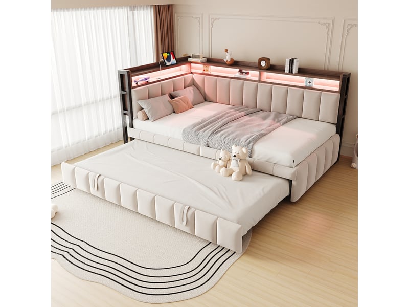 Canapé-lit convertible 90x200 cm avec lit gigogne, tissu velours beige, lit simple avec éclairage led et ports usb et type-c  - Conforama D