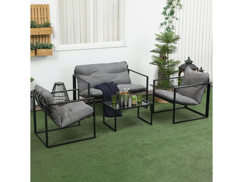  Salon de jardin 4 pcs 4 personnes avec canapé 2 pl., 2 fauteuils et 1 table basse gris  - Conforama C