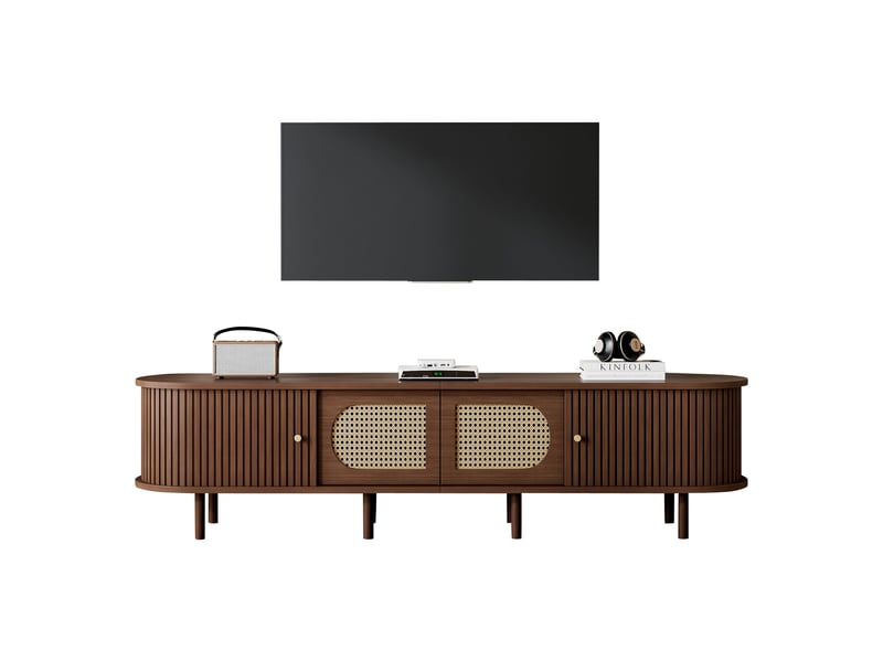 Meuble tv 2 portes rotin + 2 portes coulissantes, 180x40x40 cm, en mdf, noyer foncé  - Conforama A