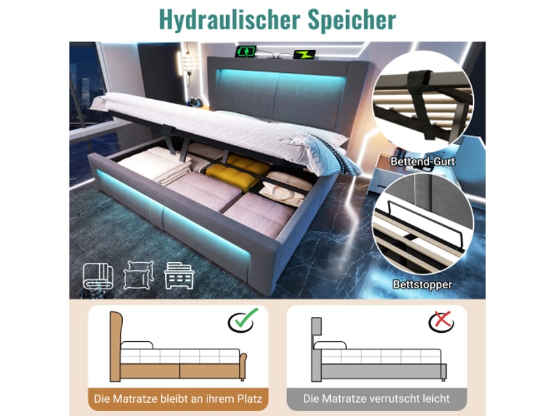  Lit double 160x200 avec rangements et levage hydraulique, led app, usb-c, velours gris, tête incurvée, sans matelas  - Conforama E