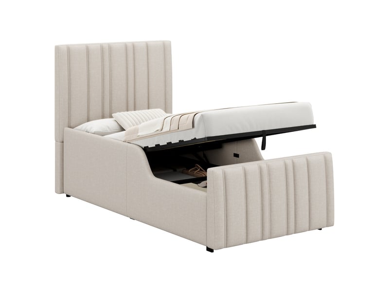  Lit enfant rembourré avec coffre de rangement - avec tête de lit capitonnée - sommier à lattes - lin - beige (sans matelas)  - Conforama A
