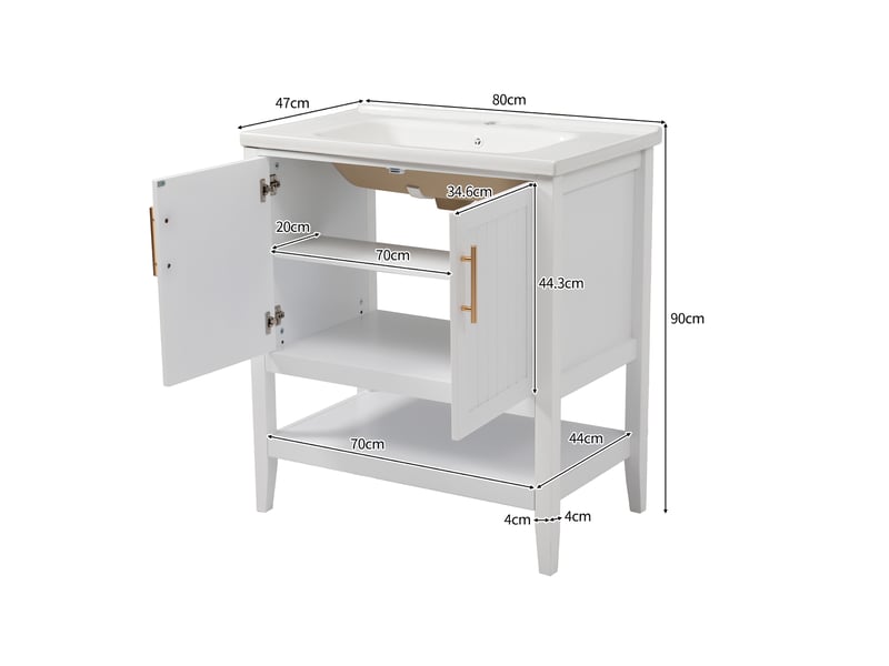  Meuble de salle de bain 80 cm sur pied avec vasque en céramique brillante blanc  - Conforama E
