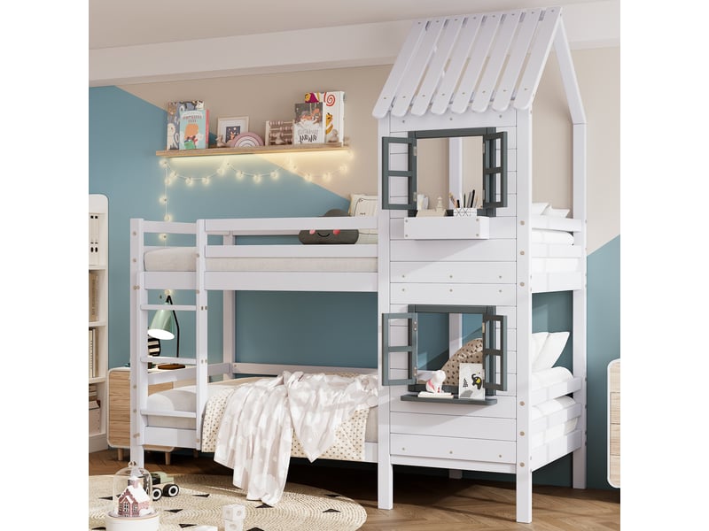  Lit superposé cabane enfant 2 x 90 x 200 cm avec fenêtres ouvrantes, escalier latéral 3 marches avec rampe, garde-corps, pinmdf, blanc  - Conforama D