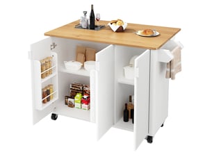 Îlot de cuisine 130x45(75)x92 cm avec 3 portes et plateau pliable, bois et blanc