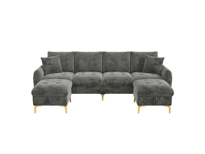  Canapé modulable 4 places en u gris avec pouf de rangement  - Conforama A