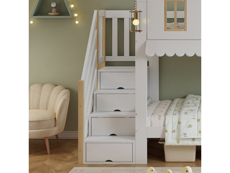 Lit superposé avec escalier de rangement - 90x200cm - fenêtres, bordure ondulée et 2 panneaux décoratifs en feutre - avec sommiers à lattes - blanc et naturel - Conforama E