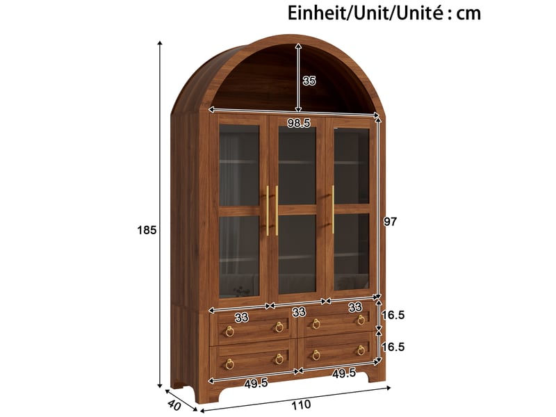  Buffet de rangement moderne 110 x 40 x 185 cm – noyer – 3 portes vitrées, 4 tiroirs, niche arrondie  - Conforama C