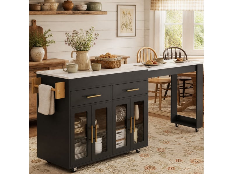 Îlot de cuisine mobile extensible 132,5-217x50x93 cm noir avec rangement - Conforama B
