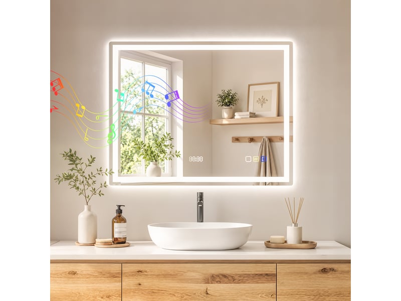  Miroir salle de bain led bluetooth 90 x 70 cm interrupteur tactile lumière réglable 3 couleurs anti-buée mémoire argent  - Conforama C