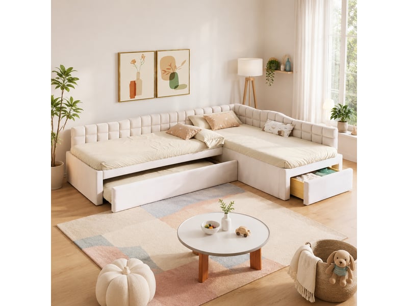  Lit gigogne 90x200+90x200+90x190 cm avec tiroirs en flanelle beige  - Conforama B