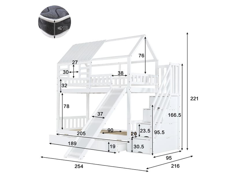 Lit superposé 90x200 cm avec toboggan et escalier, lit cabane enfant avec rangements et tiroir de lit, bois de pin et mdf robuste, blanc - Conforama E