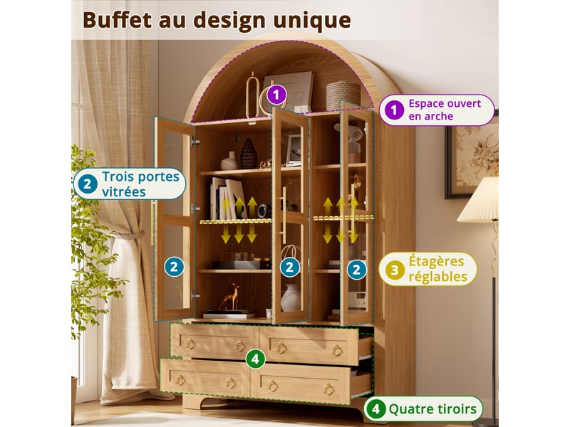  Buffet avec sommet arqué, 3 portes vitrées et 4 tiroirs, étagères réglables, poignées métalliques, 110x40x185cm  - Conforama B