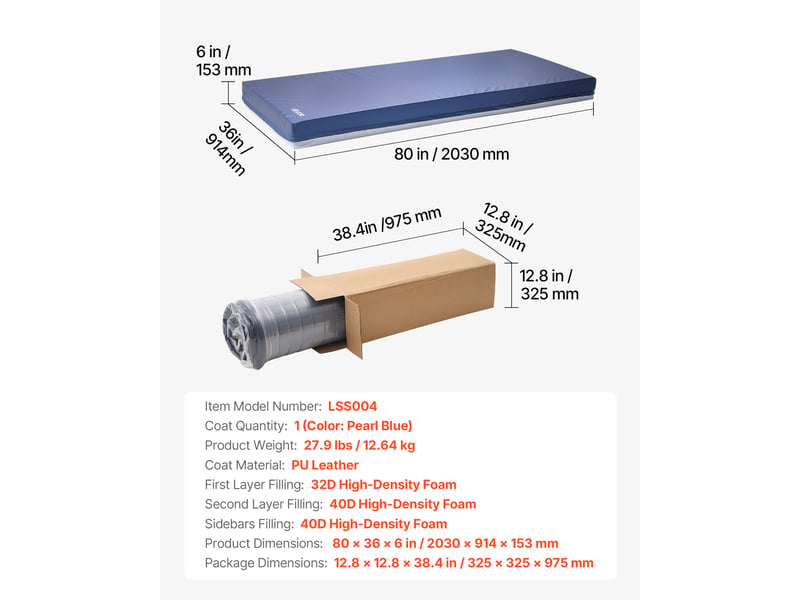  Vevor matelas médical mousse double couche 203 x 91,4 x 15,3 cm, capacité 226,8 kg, housse pu antitache, base antidérapante. LSS004 - Conforama C