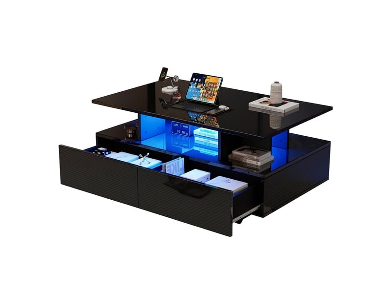  Table basse led moderne avec 2 tiroirs, 90x55x41 cm, bois, table basse noire brillante  - Conforama A
