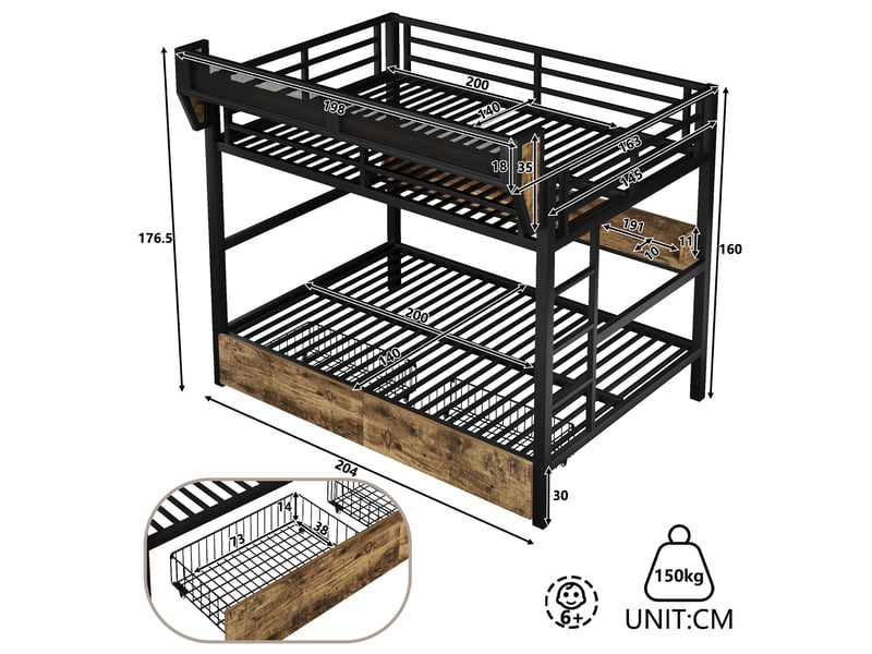  Lit mezzanine 140x200 cm noir en métal, 2 tiroirs, étagère, panier de rangement et éclairage led, sans matelas  - Conforama C